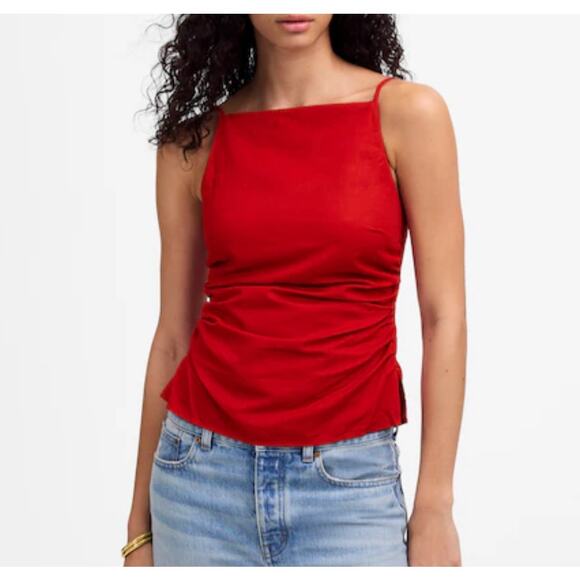 Madewell Ruched Square Neck Linen Cotton Smocked Back Red Lined Tank 2 New - Picture 1 of 12